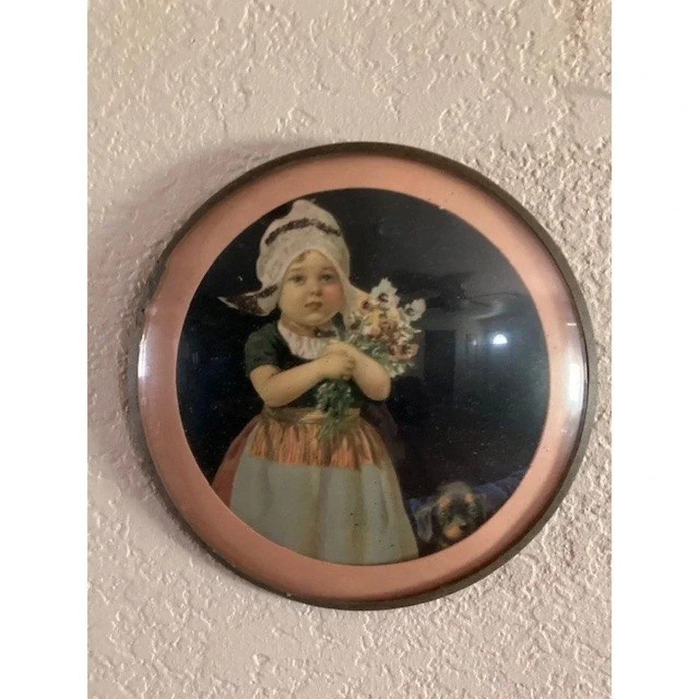 Vintage‎ Round Wall Hanging Dutch Girl Little Dog Print Decor Convex Front 6.5